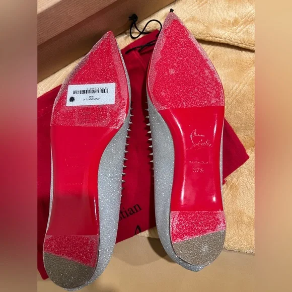 Christian Louboutin Silver Glitter Anjalina Spike Flats - Picture 3 of 7
